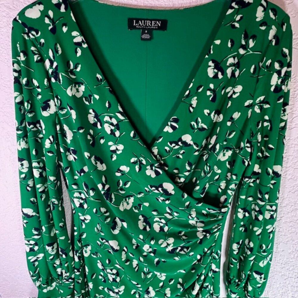 Lauren Ralph Lauren New w/ Tags Green, Black & White Shirred Wrap Dress- Size 2 - Picture 2 of 11